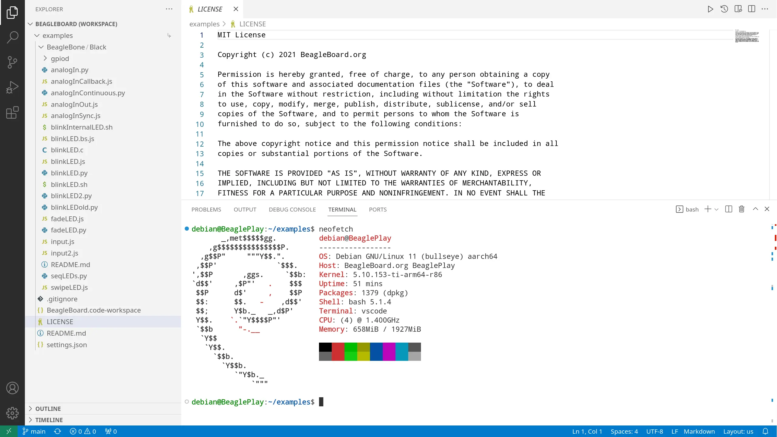 BeaglePlay VSCode IDE (192.168.7.2:3000)